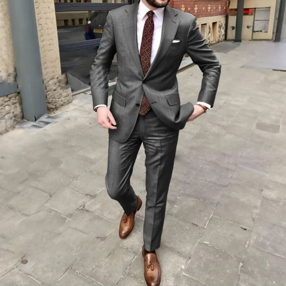 Men's Slim Fit Business Dress Two Button Set - cloud line