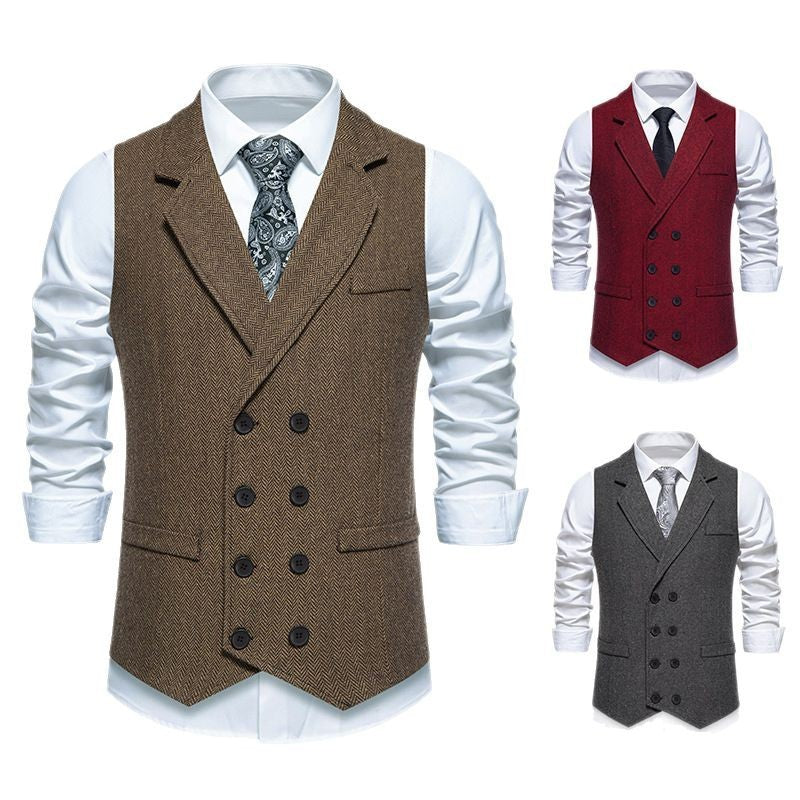 Men's Herringbone Tweed Suit Vest Retro Lapels Double Breasted Vest - cloud line