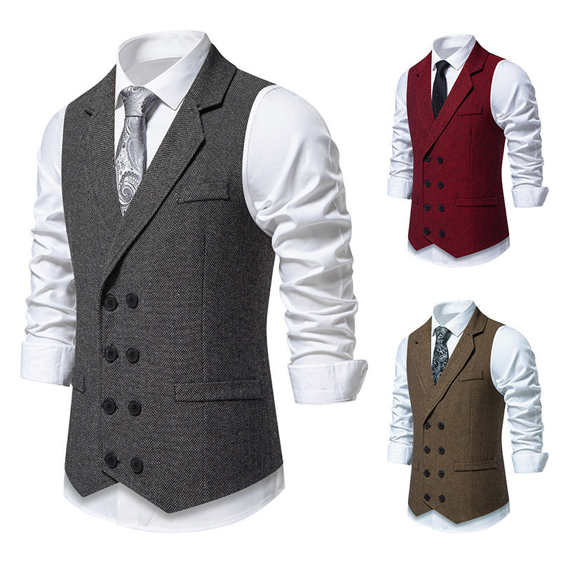 Men's Herringbone Tweed Suit Vest Retro Lapels Double Breasted Vest - cloud line