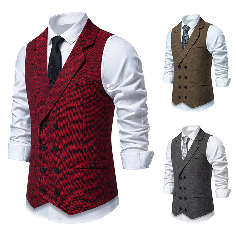Men's Herringbone Tweed Suit Vest Retro Lapels Double Breasted Vest - cloud line