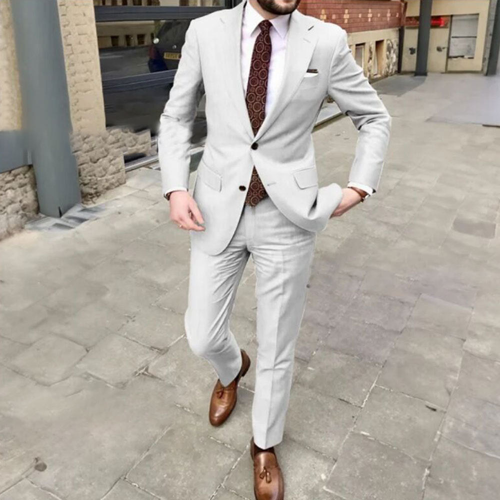 Men's Slim Fit Business Dress Two Button Set - cloud line