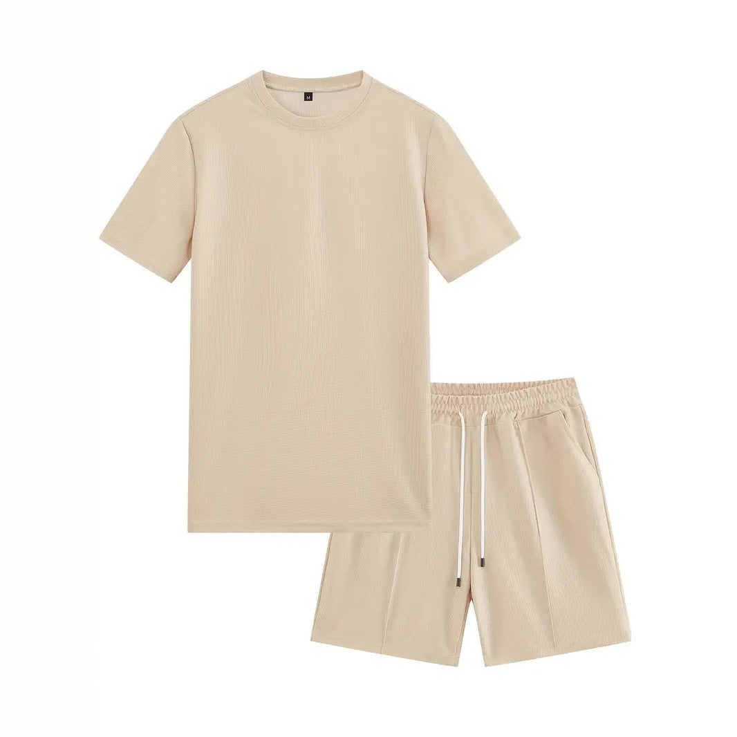 Waffle Texture Short Sleeve Blouse And Pants Men's Summer - cloud line