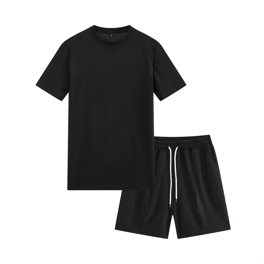 Waffle Texture Short Sleeve Blouse And Pants Men's Summer - cloud line
