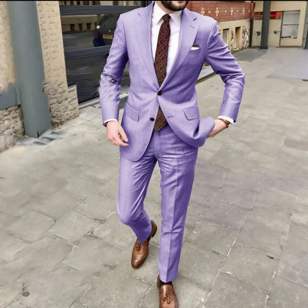 Men's Slim Fit Business Dress Two Button Set - cloud line
