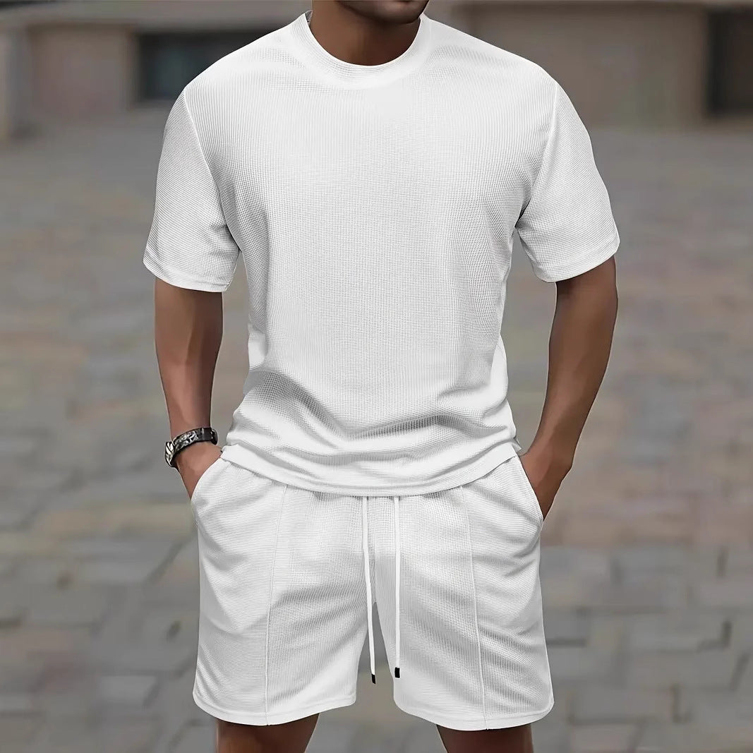 Waffle Texture Short Sleeve Blouse And Pants Men's Summer - cloud line