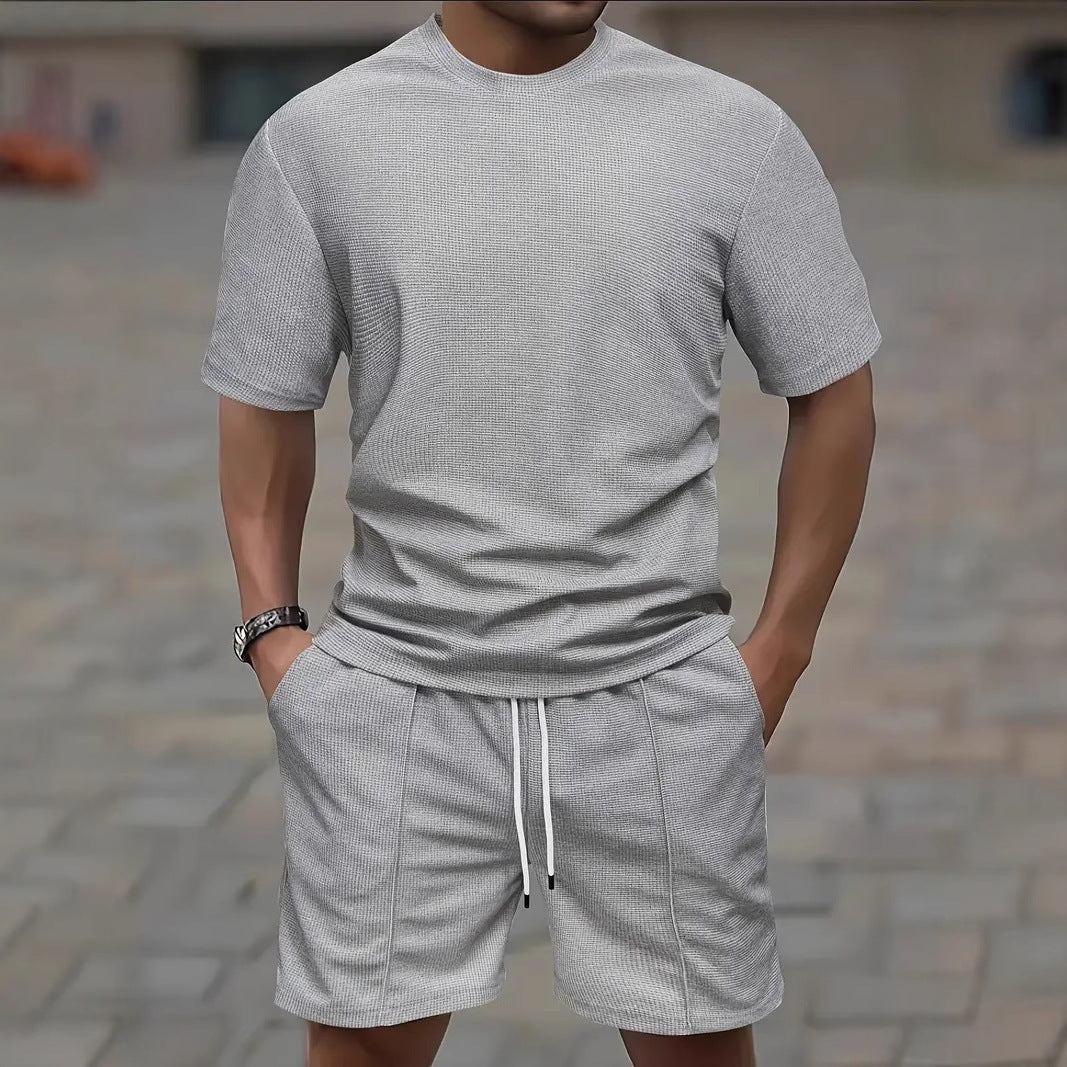 Waffle Texture Short Sleeve Blouse And Pants Men's Summer - cloud line