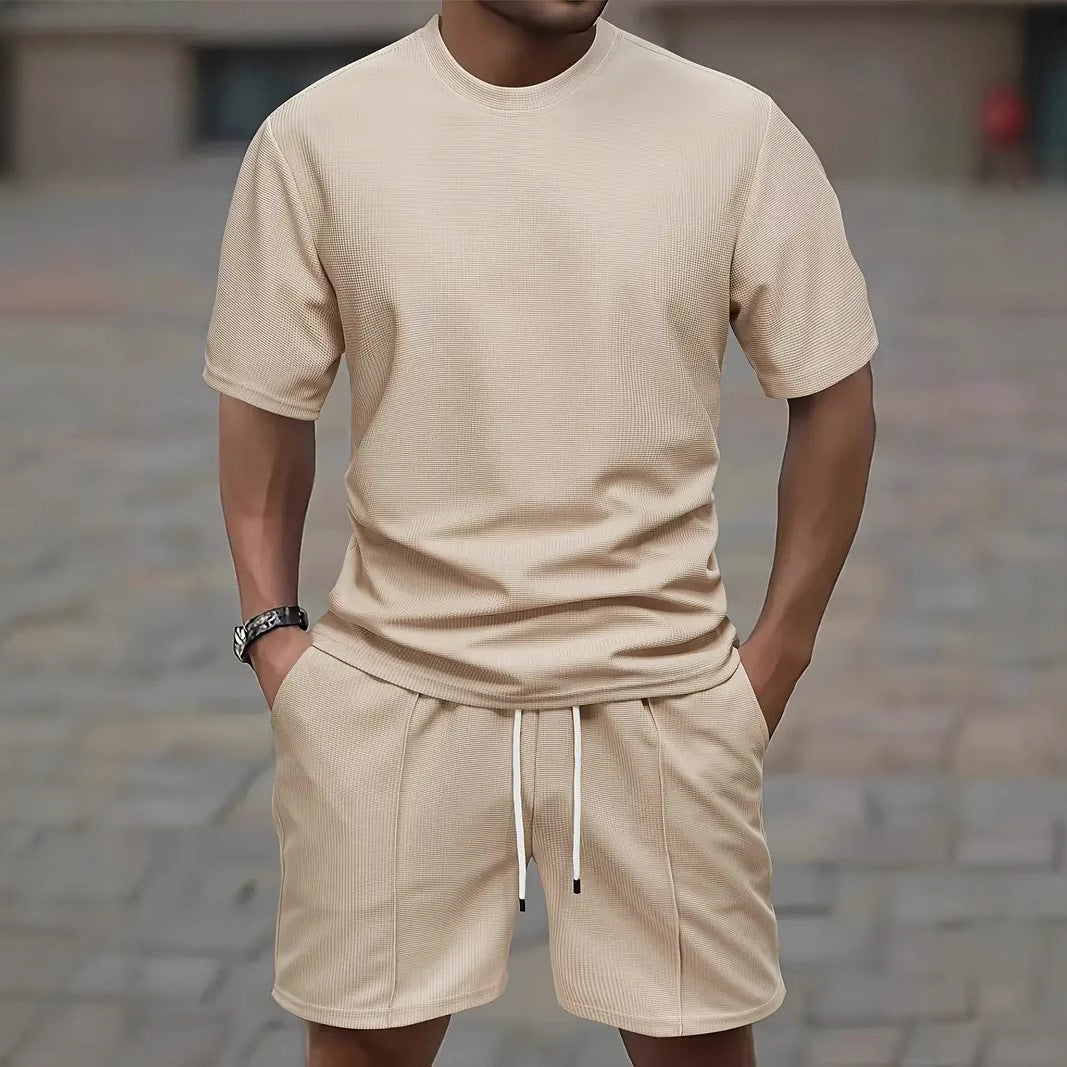 Waffle Texture Short Sleeve Blouse And Pants Men's Summer - cloud line