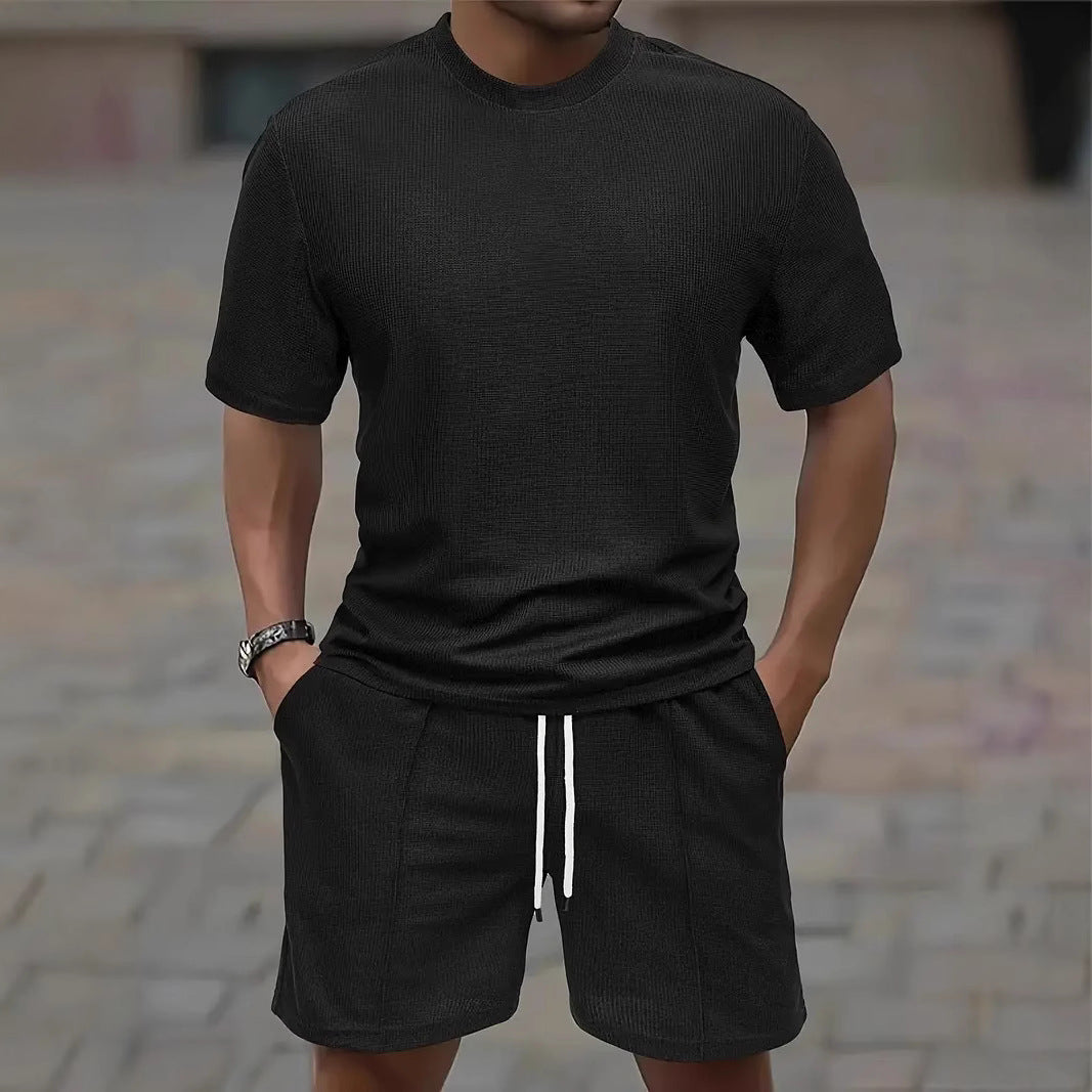Waffle Texture Short Sleeve Blouse And Pants Men's Summer - cloud line