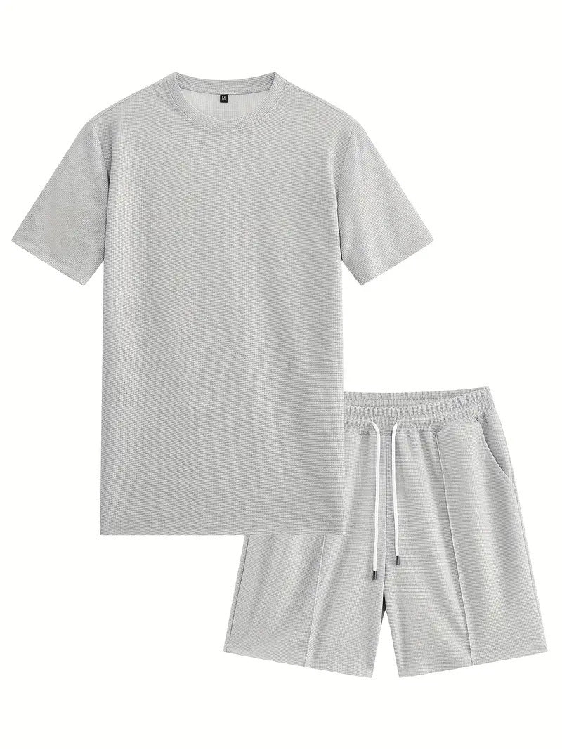 Waffle Texture Short Sleeve Blouse And Pants Men's Summer - cloud line