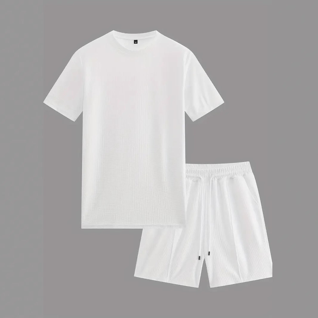 Waffle Texture Short Sleeve Blouse And Pants Men's Summer - cloud line