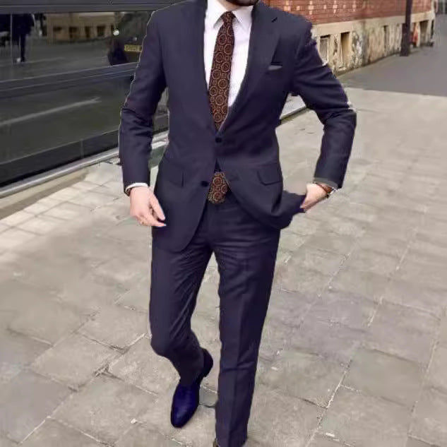 Men's Slim Fit Business Dress Two Button Set - cloud line