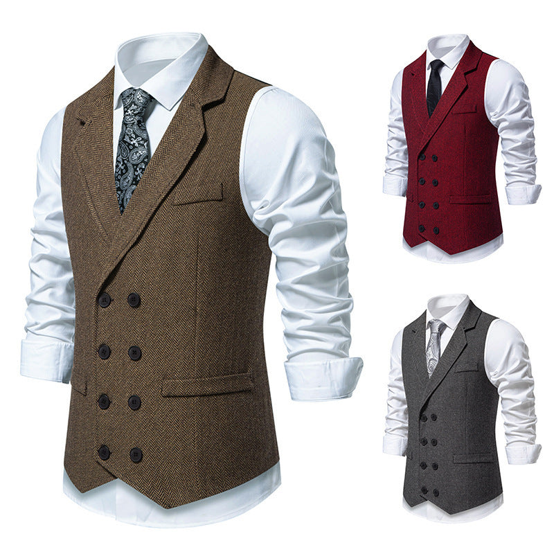 Men's Herringbone Tweed Suit Vest Retro Lapels Double Breasted Vest - cloud line