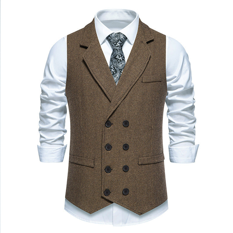 Men's Herringbone Tweed Suit Vest Retro Lapels Double Breasted Vest - cloud line
