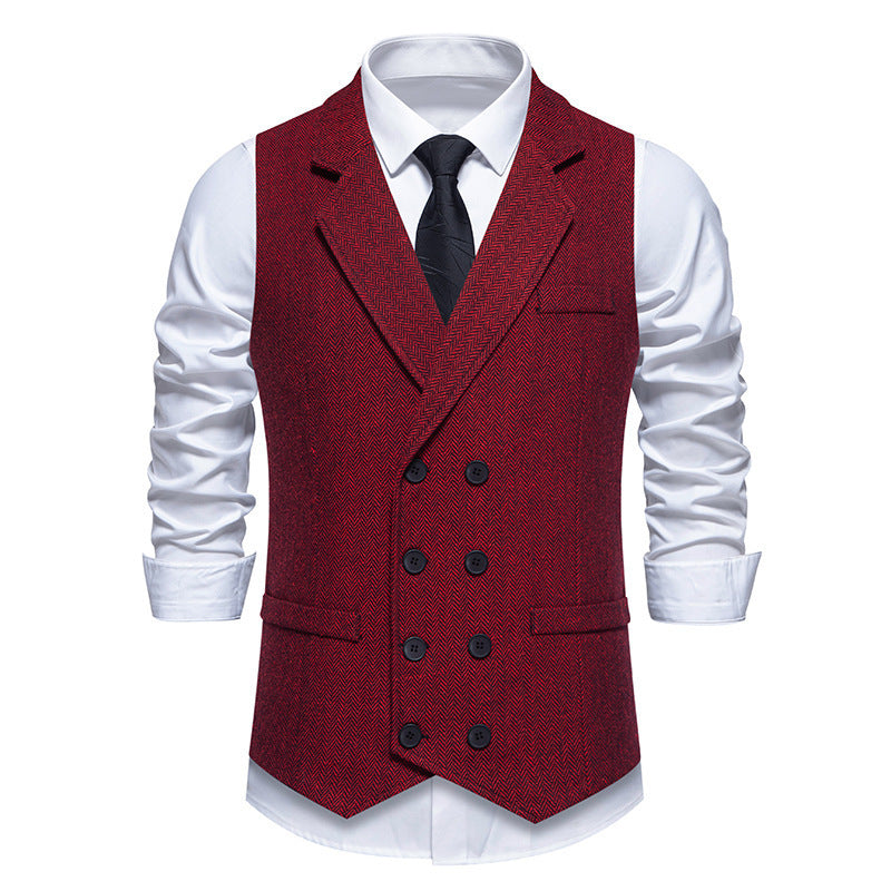 Men's Herringbone Tweed Suit Vest Retro Lapels Double Breasted Vest - cloud line
