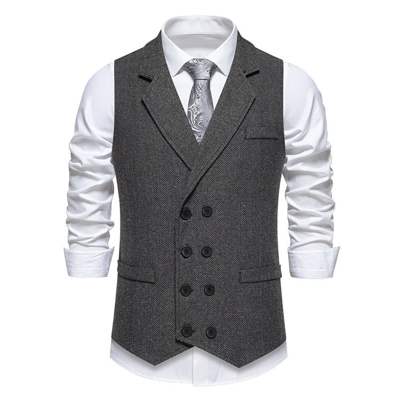 Men's Herringbone Tweed Suit Vest Retro Lapels Double Breasted Vest - cloud line