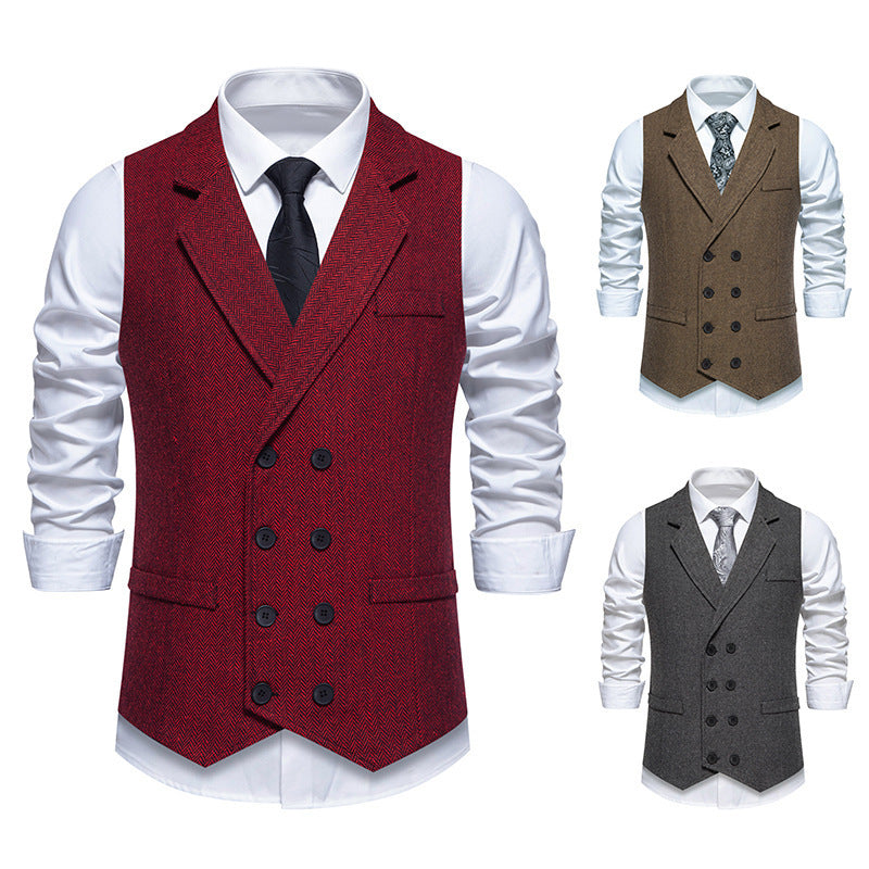 Men's Herringbone Tweed Suit Vest Retro Lapels Double Breasted Vest - cloud line