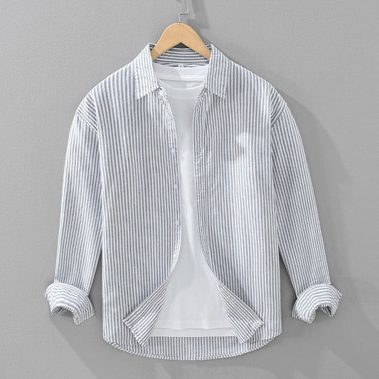Vertical Striped Long-sleeved Shirt Men's Loose Cotton Top - cloud line