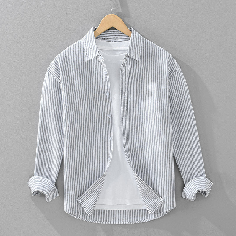 Vertical Striped Long-sleeved Shirt Men's Loose Cotton Top - cloud line