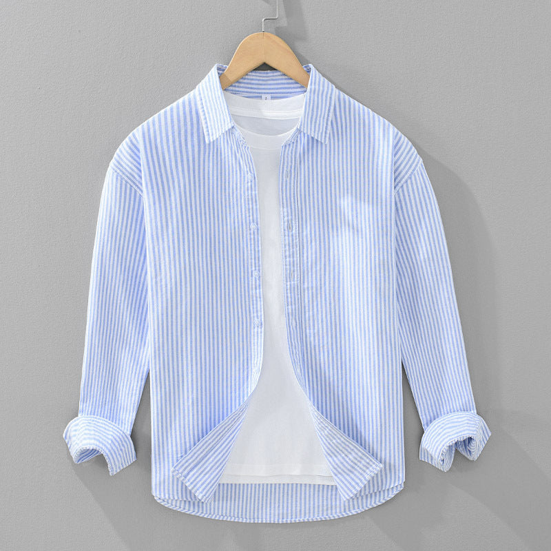Vertical Striped Long-sleeved Shirt Men's Loose Cotton Top - cloud line