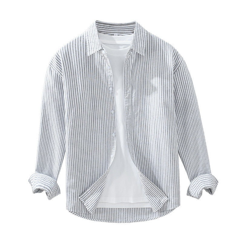 Vertical Striped Long-sleeved Shirt Men's Loose Cotton Top - cloud line