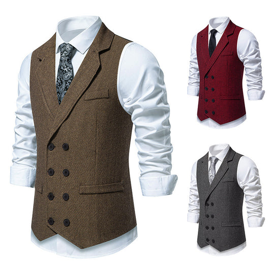Men's Herringbone Tweed Suit Vest Retro Lapels Double Breasted Vest - cloud line
